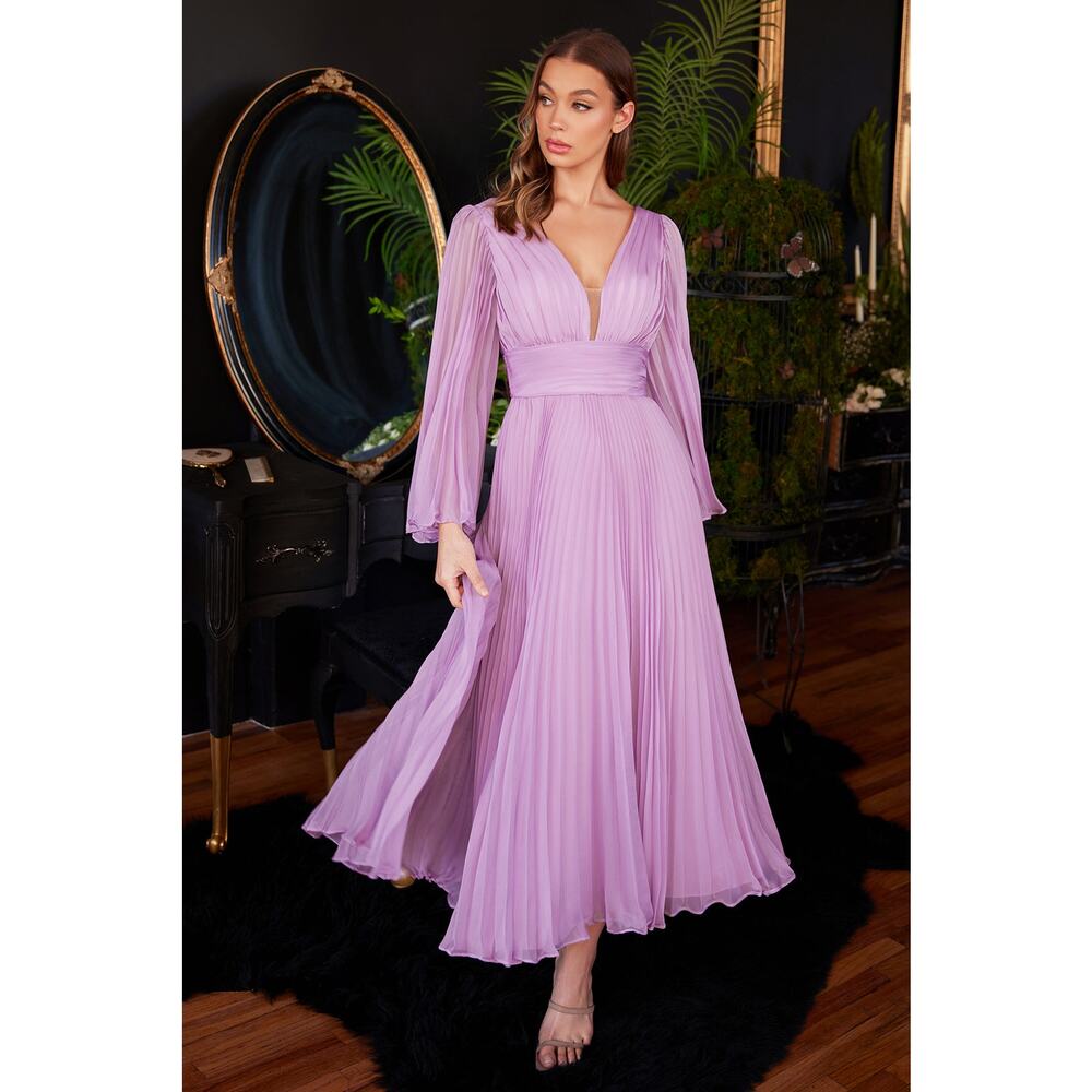 Cinderella Divine Pleated Long Sleeve Tea Length Chiffon Gown Lavender Size 10